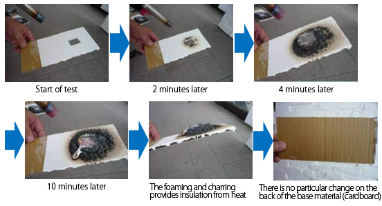 ダンボールにGC耐火塗料を塗布し、バーナーの炎で炙る実験